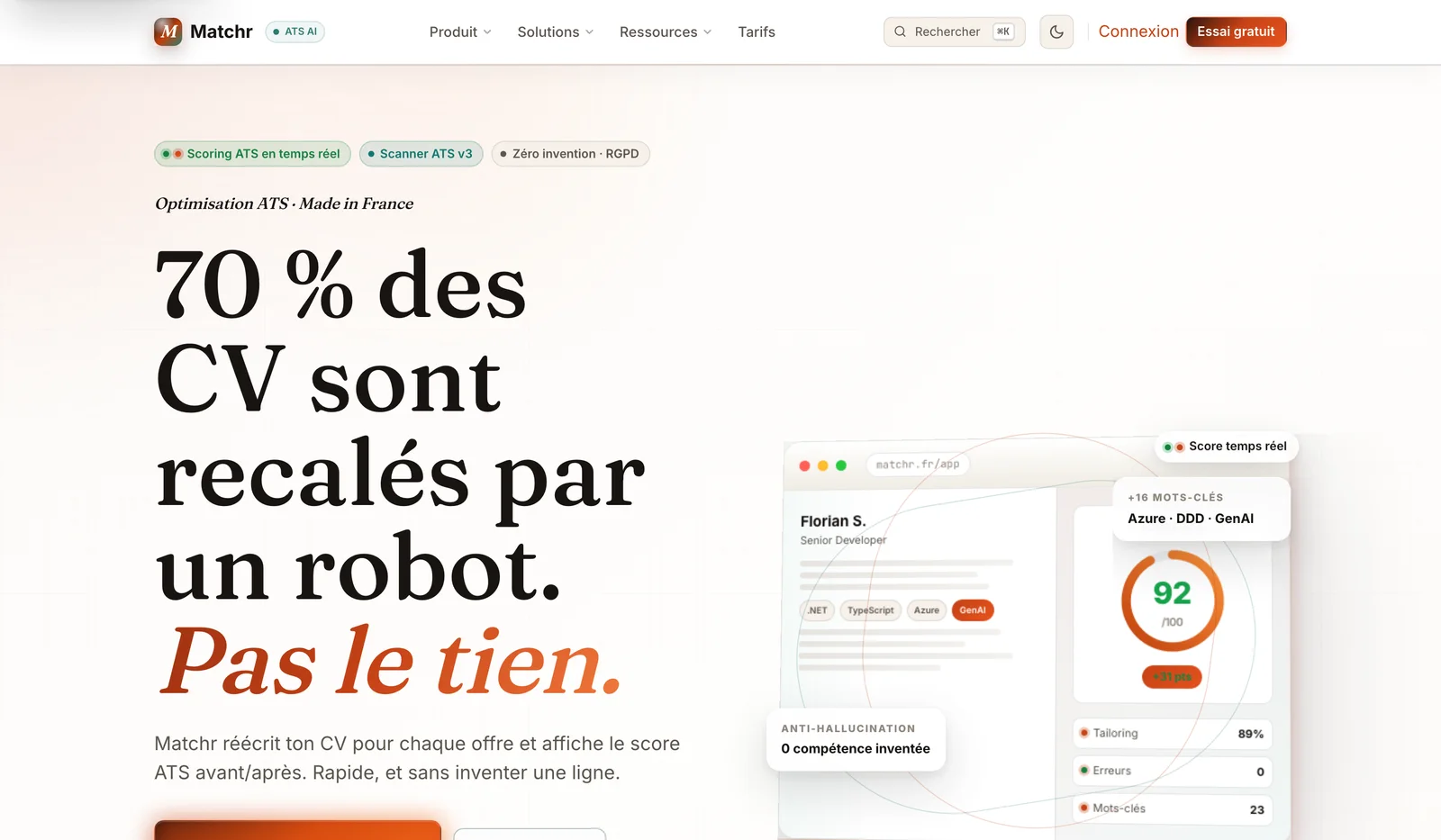 Landing matchr.floriansola.fr — « 70 % des CV recalés par un robot, pas le tien » : score ATS avant/après et garde-fou anti-invention, propulsé par Claude.