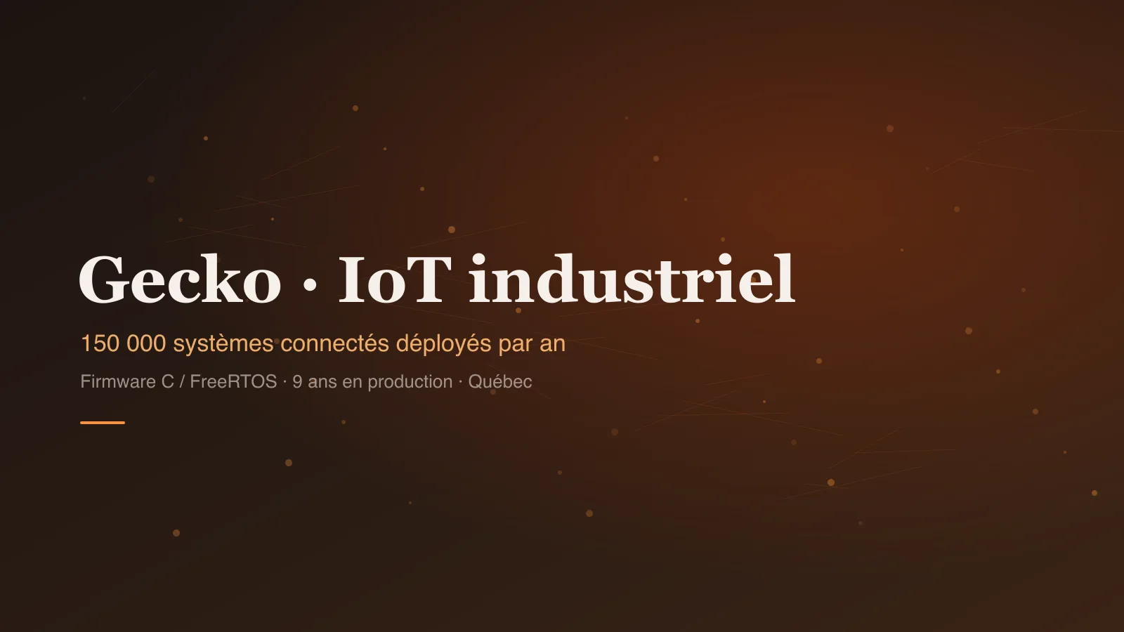 Couverture éditoriale Gecko IoT : réseau de systèmes embarqués connectés, firmware industriel à grande échelle.