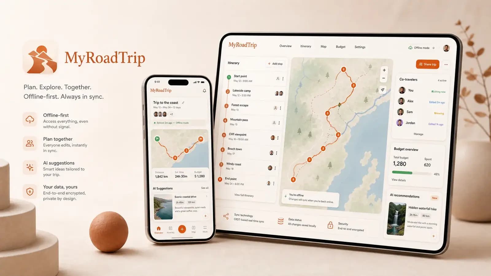 Capture produit MyRoadTrip montrant une interface de planification de voyage avec carte et itinéraire.