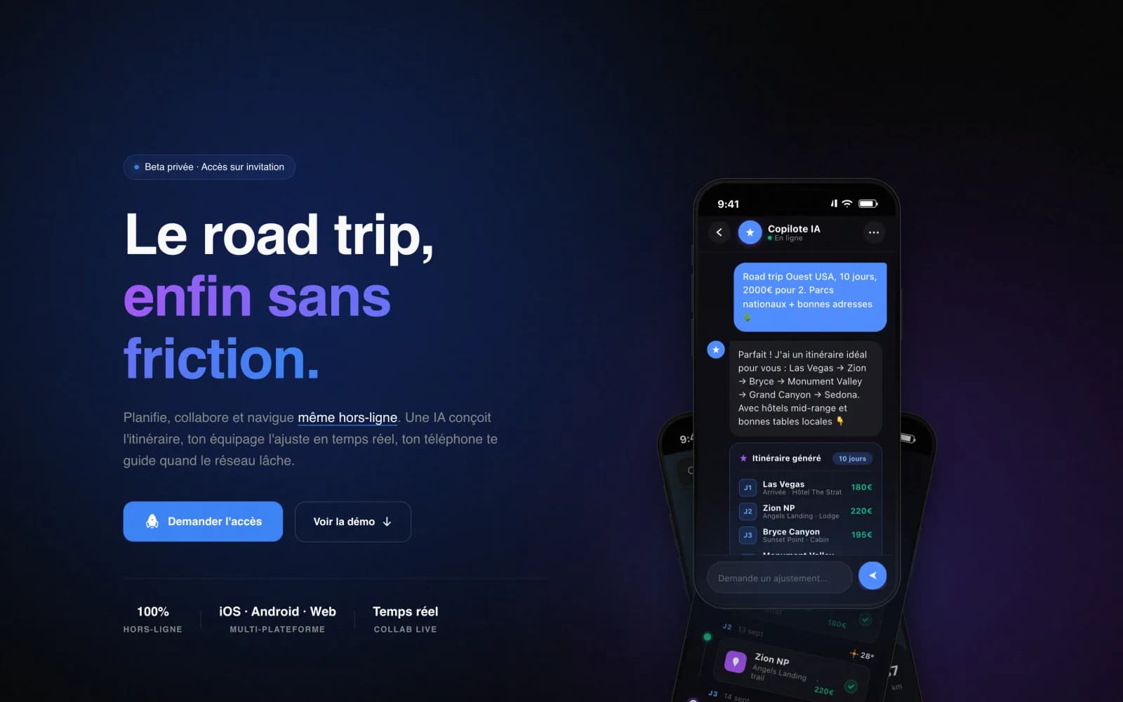 Landing roadtripper.io — copilote IA qui conçoit l'itinéraire en temps réel, multi-plateforme et fonctionnel hors-ligne.
