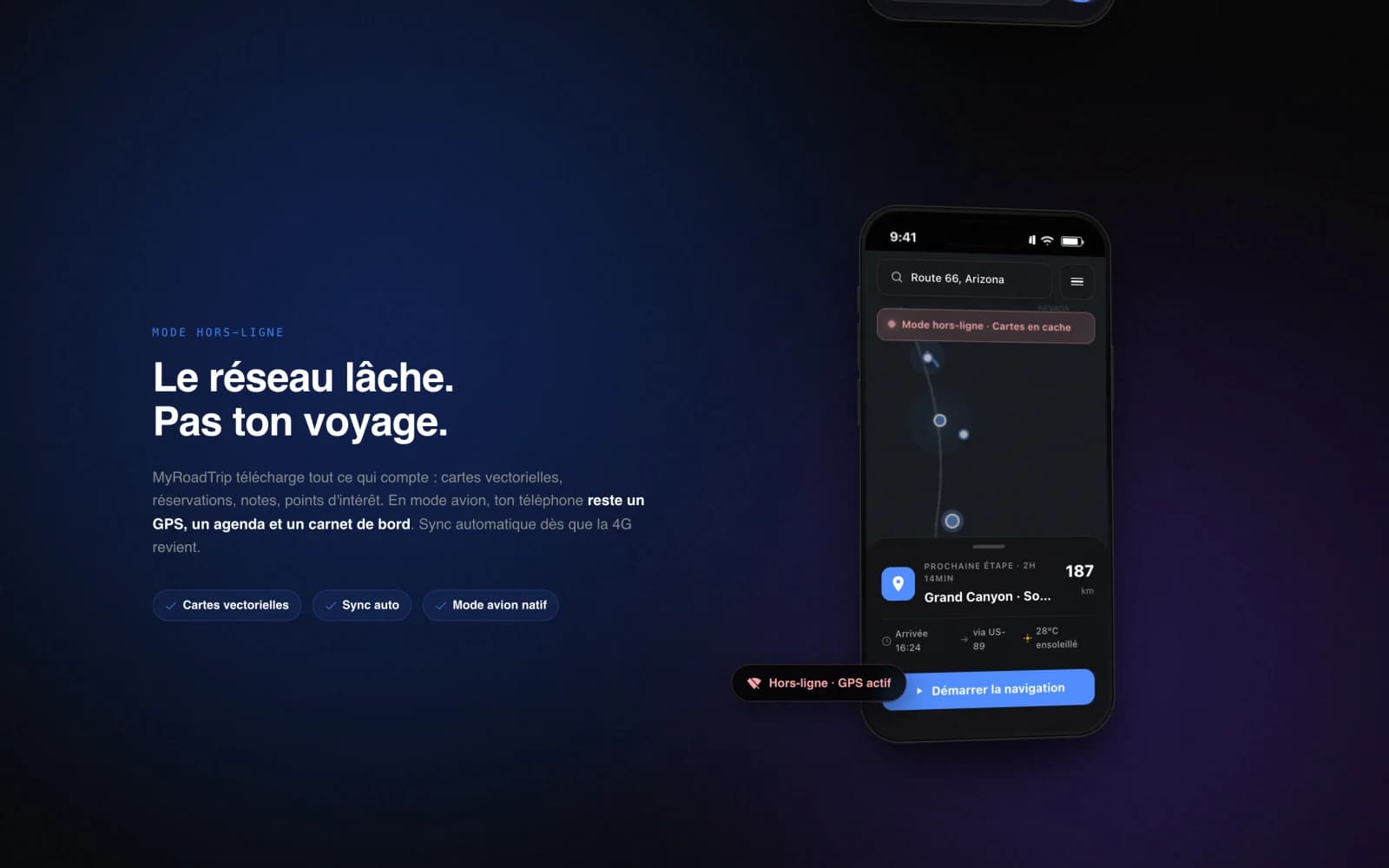 Mode hors-ligne natif : cartes vectorielles en cache, GPS et carnet de bord fonctionnent sans réseau, puis sync automatique au retour de la 4G (CRDT).