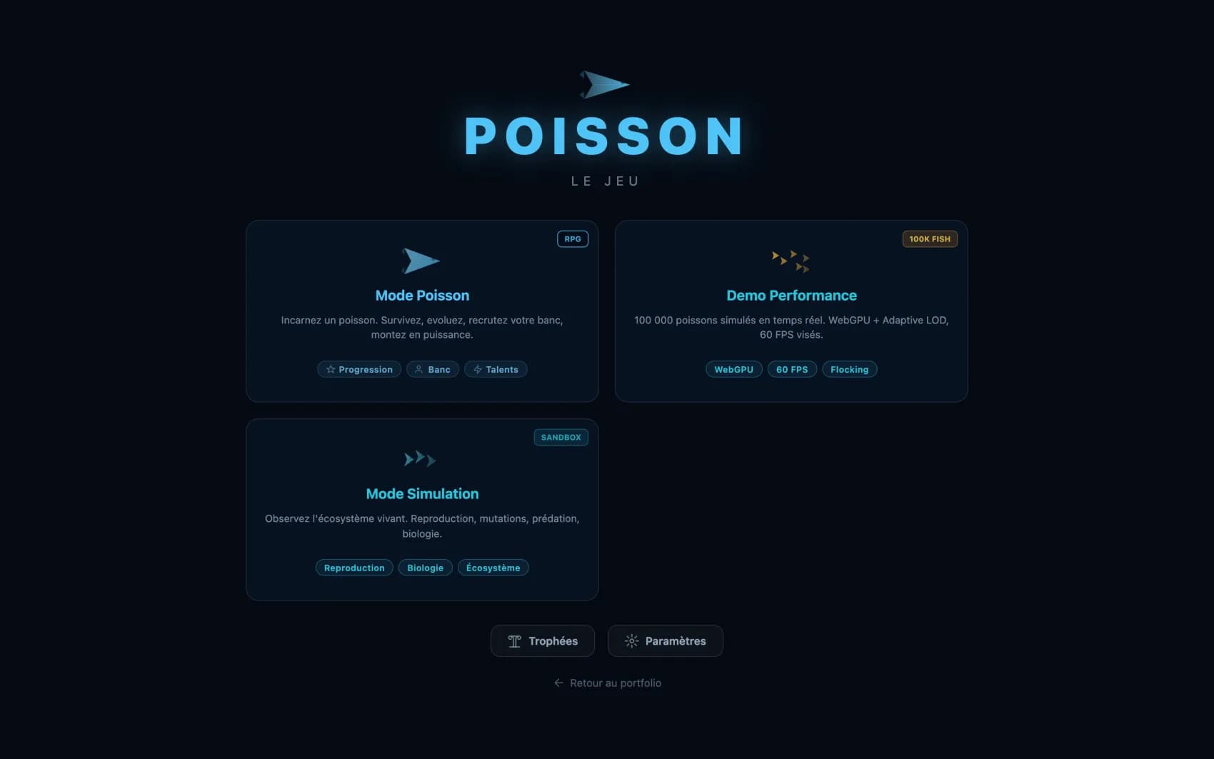 Trois modes au lancement : RPG (incarner un poisson), Demo Performance (100 000 poissons · WebGPU · 60 ips) et Sandbox écosystème (reproduction, mutations, prédation).