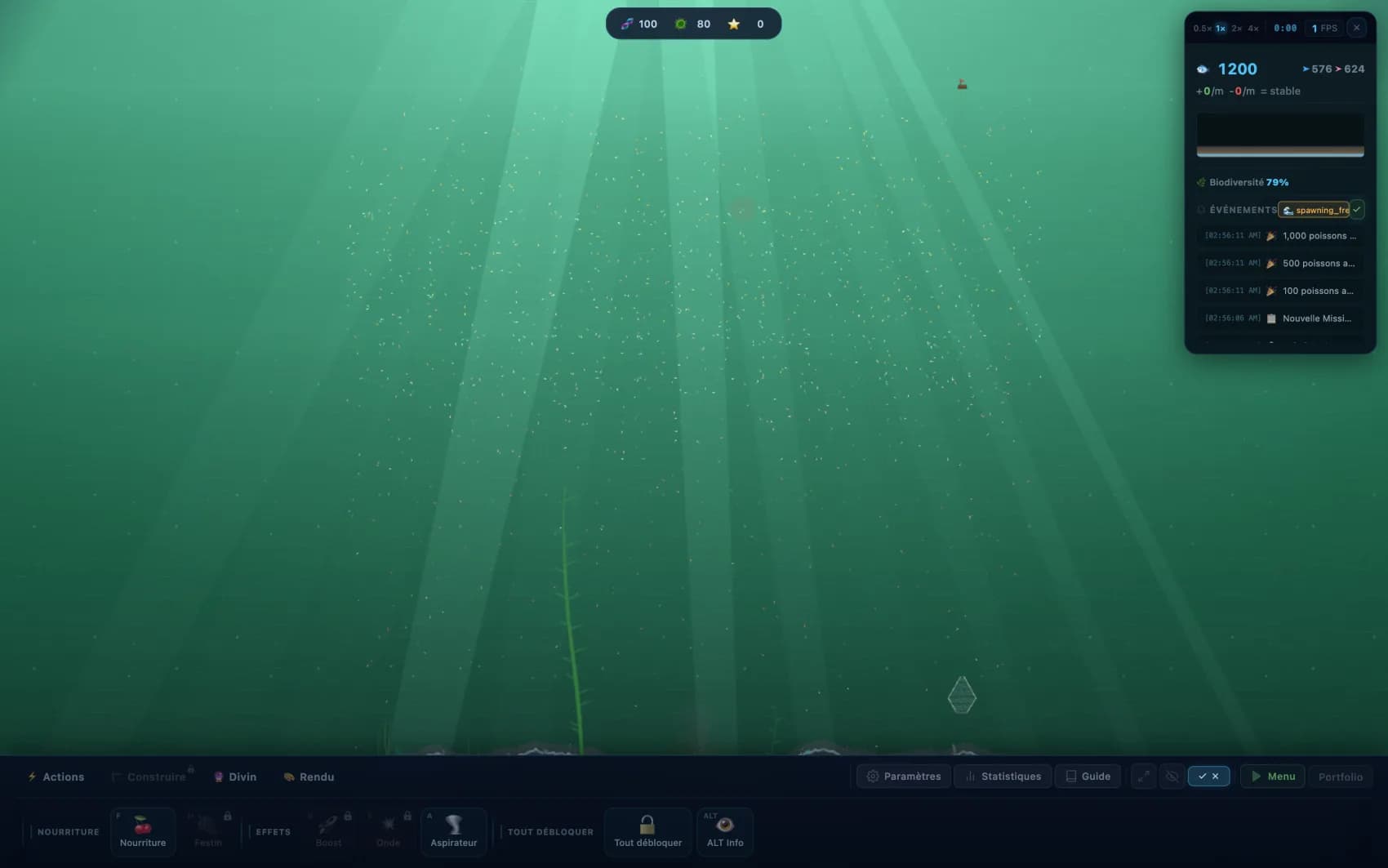 Mode Sandbox jouable : économie, missions, flux d'événements en direct et barre d'outils complète (nourriture, météo, construction, rendu) pour piloter l'écosystème.