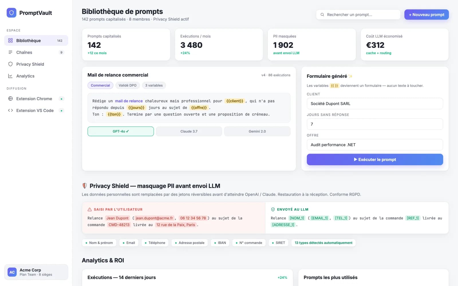 Bibliothèque de prompts capitalisés : les variables {{champ}} génèrent automatiquement un formulaire utilisable par les non-tech.
