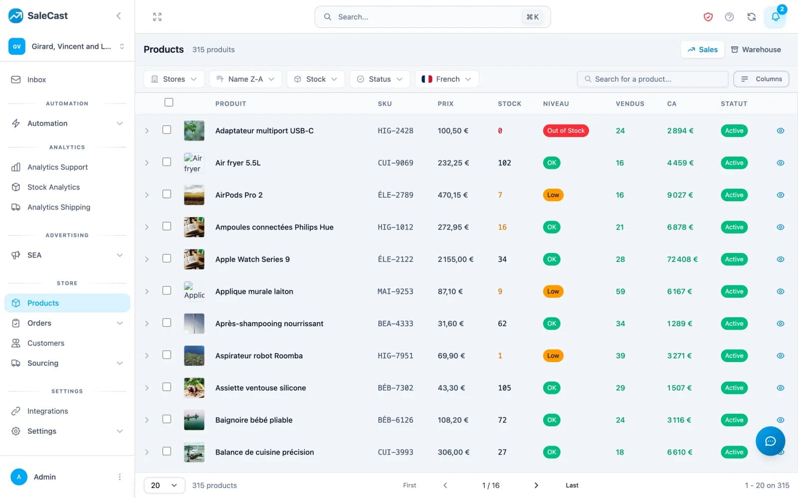 Catalogue produit (PIM) — 315 références avec niveaux de stock, unités vendues et CA par produit.