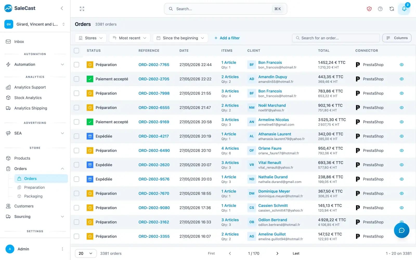 Commandes multi-canal — 3 381 commandes unifiées depuis les connecteurs e-commerce, statuts et suivi.