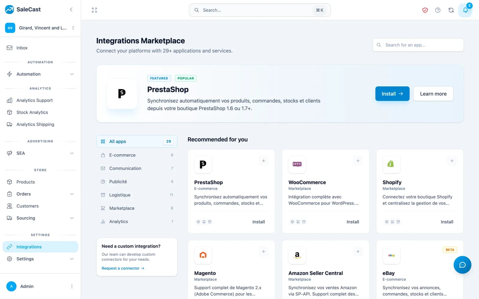 Marketplace de connecteurs — 29+ intégrations : e-commerce, marketplaces, SEA, transporteurs et messagerie.