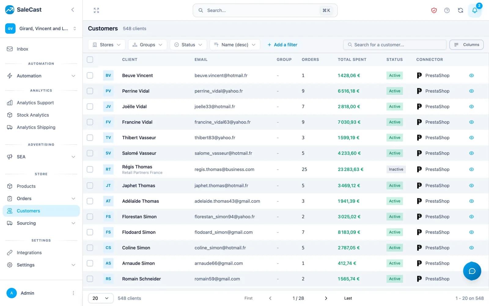 CRM clients — 548 clients consolidés avec dépense totale, statut et canal d'acquisition.