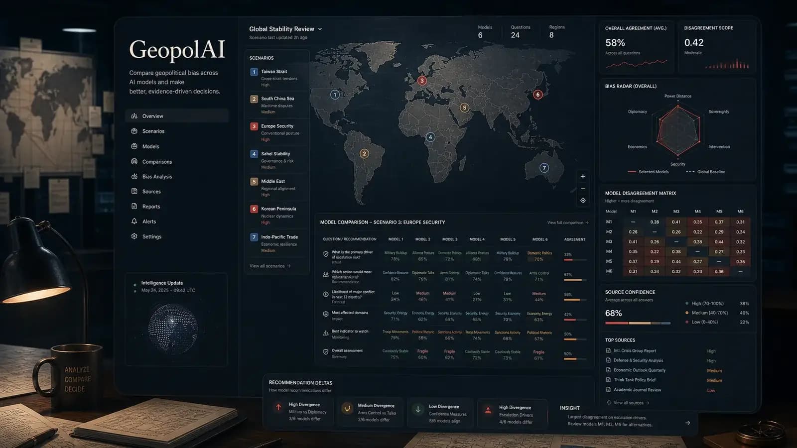 Couverture éditoriale GeopolAI montrant cartes, sources et comparaison de biais entre modèles IA.