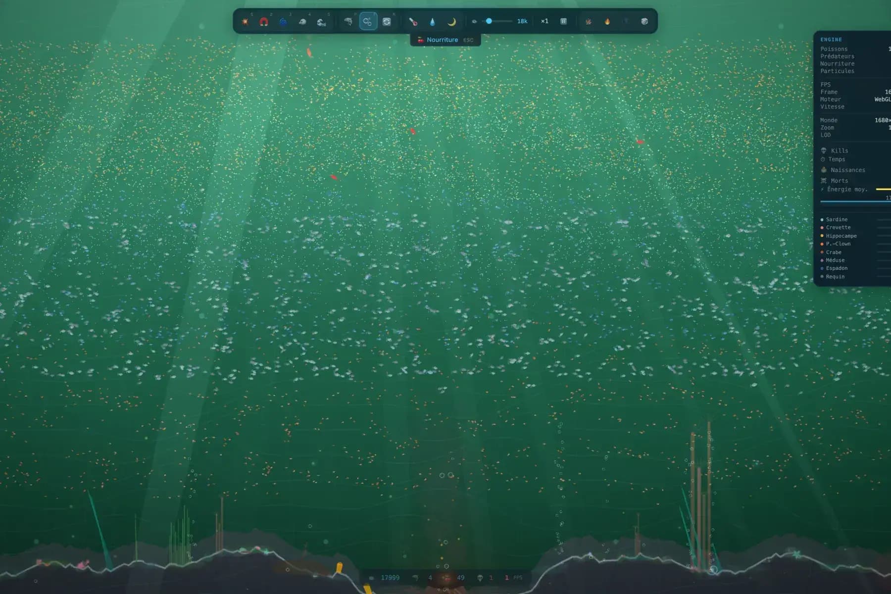 Capture réelle de Poisson Engine avec bancs d'agents simulés et interface de performance WebGPU.