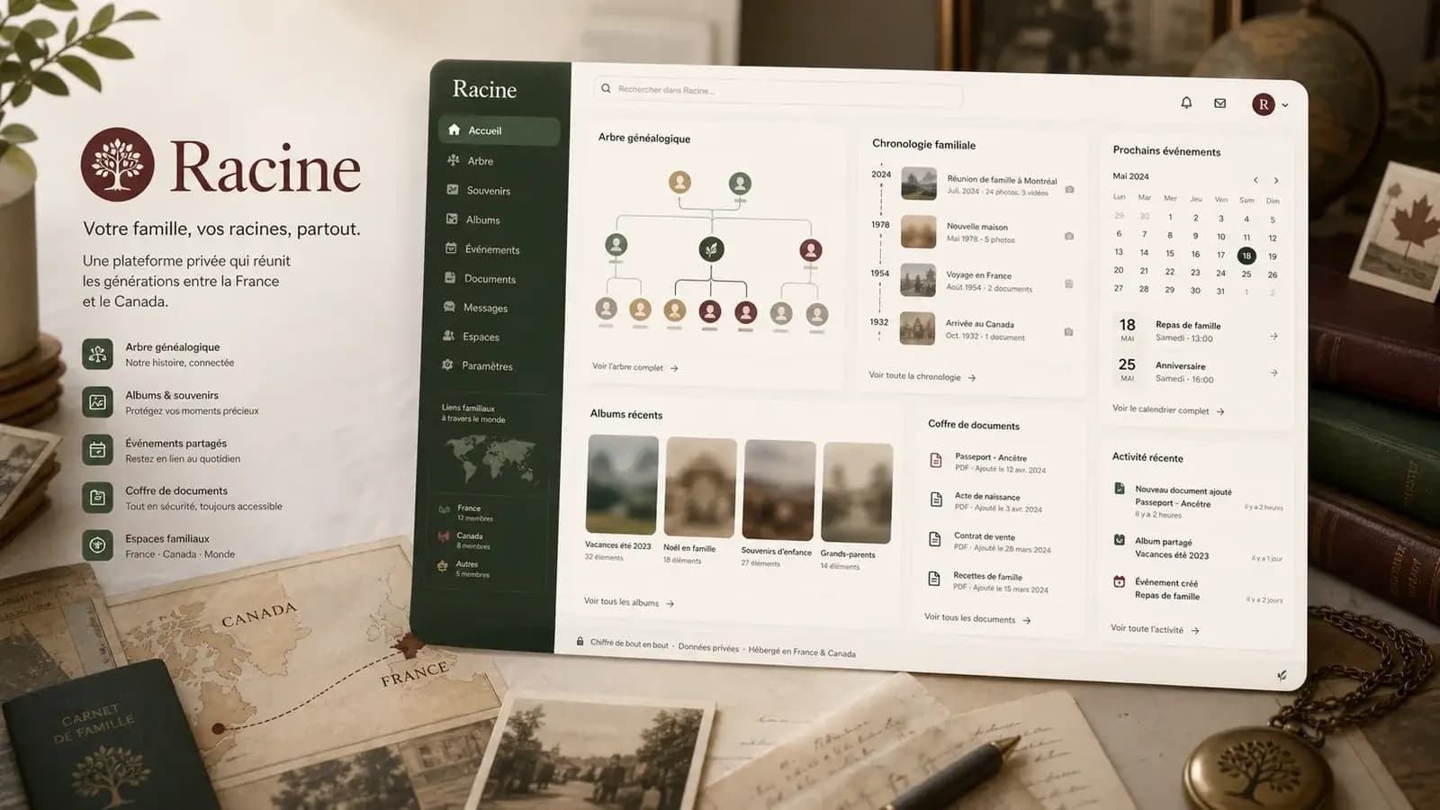 Couverture éditoriale Racine avec arbre familial, albums privés, documents et calendrier transatlantique.