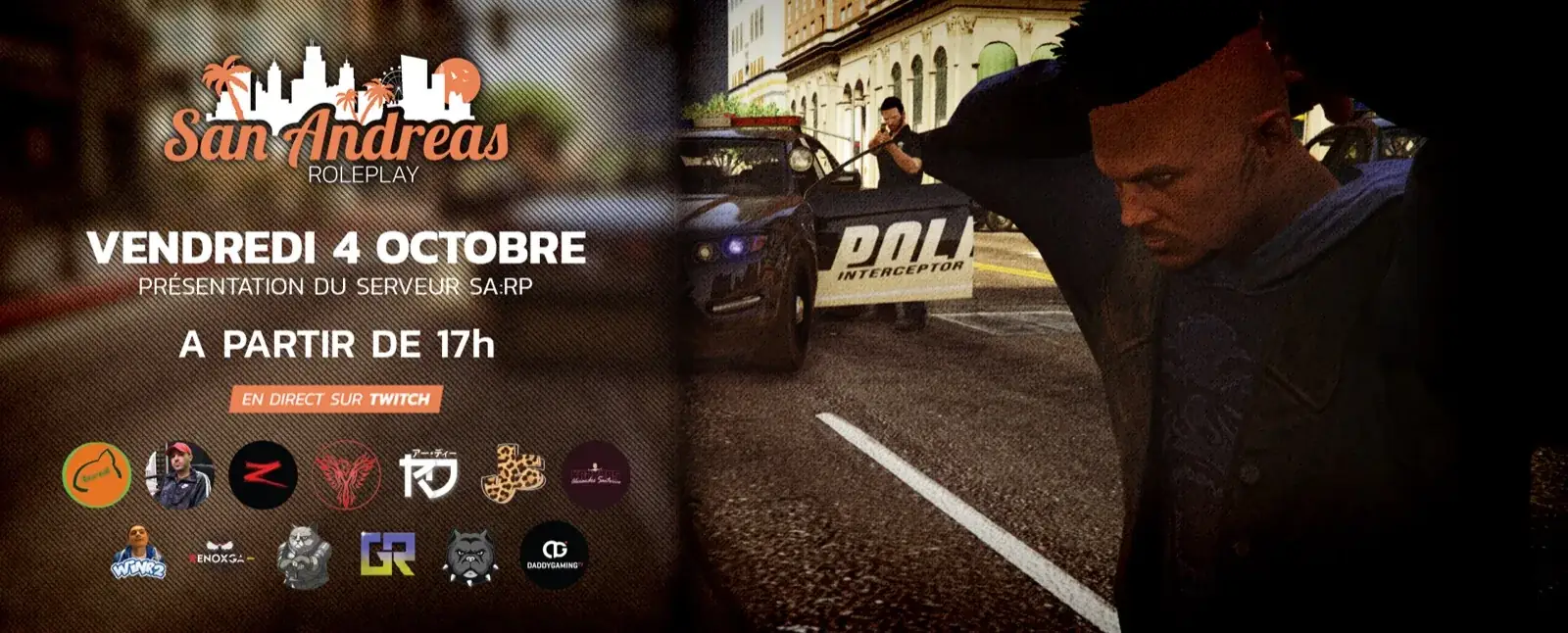 Affiche de lancement Twitch de San Andreas Roleplay, vendredi 4 octobre 2019